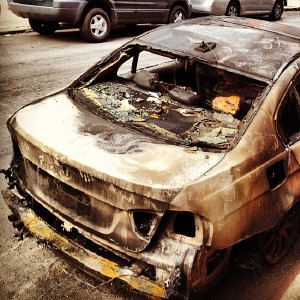 Somebody's car blew up last night, instantly making hipster Williamsburg 99% more hood. :P