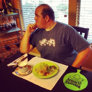 Timmy looks intense as he prepares for a healthy meal.
