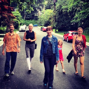 On our way to the bus stop to explore the mall.