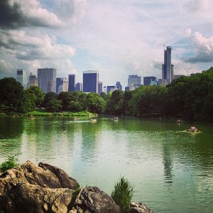 View looking over the lake at the Times Square area from the "Ladies Pavillion" area in Central Park.