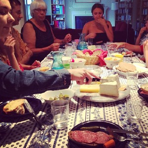 A very German evening meal. A variety of breads, cheeses and cold cuts.