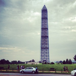 The Washington Monument is covered in scaffolding for repairs after the earthquake.