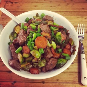 Today's cooking adventure: steak, brussel sprout, and carrot stir fry. 🍽