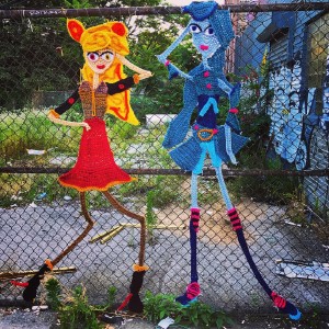 Knitted art on a fence at an abandoned lot in the middle of Williamsburg 👭